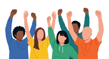Diverse group of people celebrating success with raised hands unity and teamwork concept diverse backgrounds cheerful crowd empowered individuals isolated on white background