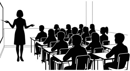 Diverse classroom scene teacher explaining lesson to students sitting at desks learning education concept isolated on white background