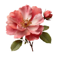 Peach rose blossom with bud, leaves, and stem on solid dark backdrop