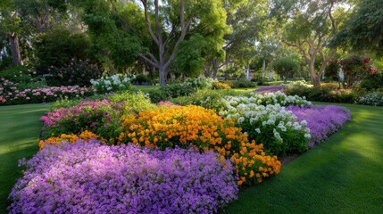 Obraz premium Vibrant Floral Garden with Colorful Blossoms and Lush Greenery in Sunny Daylight