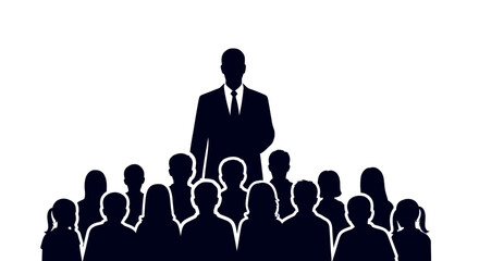 Visionary leader silhouetted standing tall above diverse crowd empowering teamwork success and business growth corporate concept isolated on white background