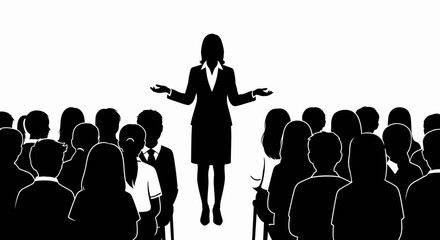 Empowering female speaker addresses diverse audience silhouettes capturing attention and engagement with gestures presenting ideas isolated on white background