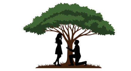 Romantic silhouette couple under a large tree proposing marriage outdoors during daytime a sweet moment of love and commitment isolated on white background