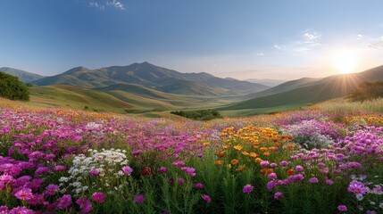 Obraz premium Vibrant Wildflower Meadow in Sunlight with Majestic Mountains in the Background During Golden Hour