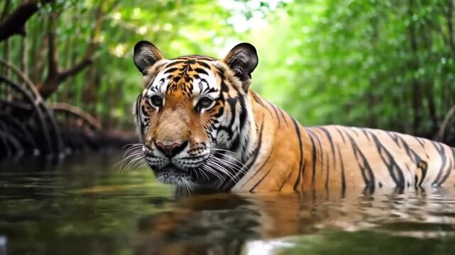 Majestic tiger swimming in mangrove forest wildlife photography natural habitat close-up view