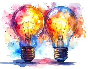 Two vibrant light bulbs filled with colorful watercolor patterns