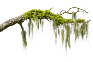 Mossy branch with hanging lichen isolated on a transparent background