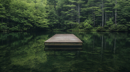 An isolated wooden dock stretches into a calm, reflective lake, surrounded by serene waters. The scene symbolizes solitude, reflection, and peaceful connection between nature and quiet contemplation.