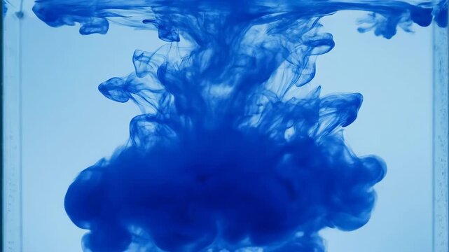 Vibrant blue ink slowly dissolving and spreading, creating intricate lines and beautiful abstract patterns in clear water dynamic, effect, mixing