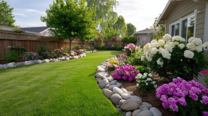 Obraz premium Beautifully Landscaped Garden with Colorful Flowers and Lush Green Grass in a Sunny Residential Backyard