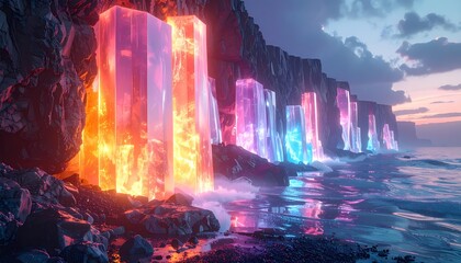 Vibrant Glowing Crystal Formations on a Coastal Landscape at Sunset.