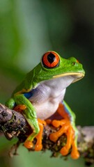 Vibrant close-up of a red-eyed tree frog perched on a branch