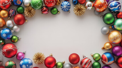 Colorful Christmas ornaments arranged in a circular frame on a white background