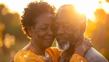 Elderly Couple Embracing in Warm Golden Hour Light