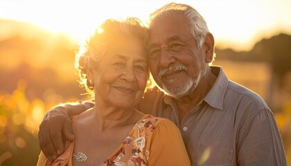 Elderly Couple Embracing in Warm Golden Hour Light
