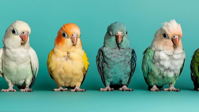 Variety of Colorful Parrotlets Standing in a Row on Blue Background