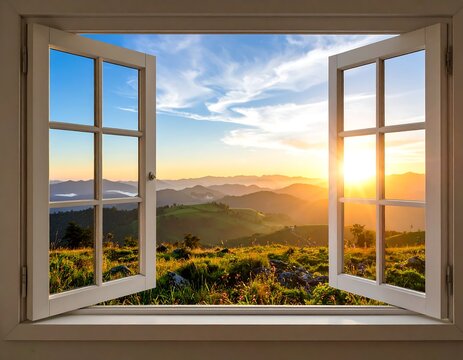 A scenic mountain vista viewed through an open white window at sunrise
