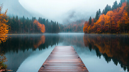 An isolated wooden dock stretches into a calm, reflective lake, surrounded by serene waters. The scene symbolizes solitude, reflection, and peaceful connection between nature and quiet contemplation.