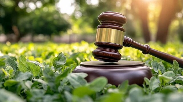 Wooden Gavel Resting in Green Foliage During Sunny Outdoor Day