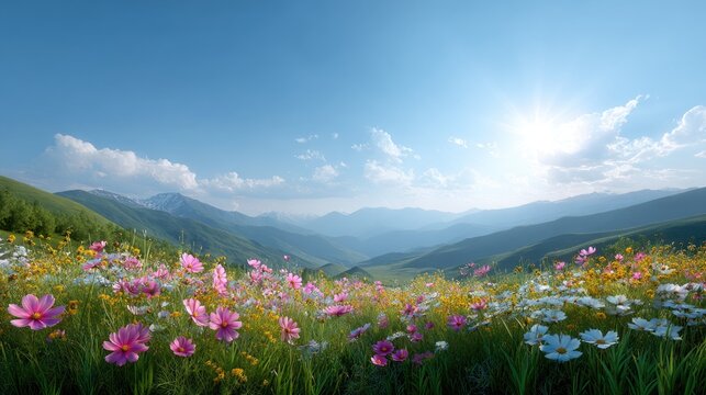 Scenic view of colorful wildflowers blooming in a vibrant meadow with mountains and a bright blue sky during a sunny day