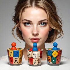 Woman facing viewer, dice cups with colored dice & figure tops in focus