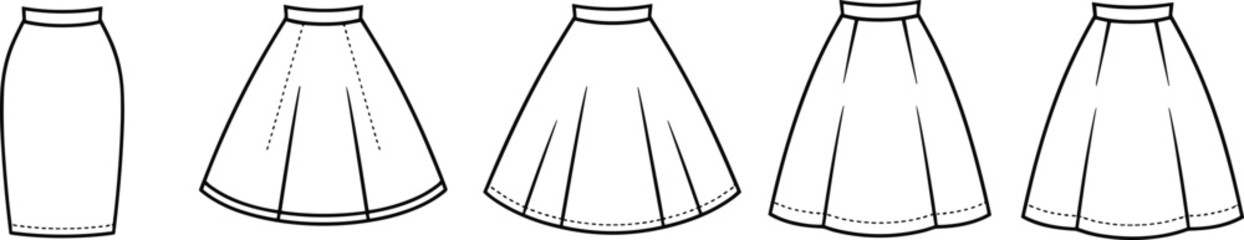 Vector illustration of five skirt silhouettes including pencil, A-line, pleated, and circle styles for fashion, garment, and clothing design