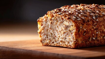 Freshly Baked Grain Bread with Seeds on a Wooden Board with Warm Lighting
