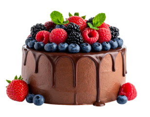 Rich chocolate cake with drizzles and fresh berries, including strawberries, raspberries, blueberries, blackberries and mint leaves
