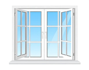 An open white window with a blue sky visible through the panes