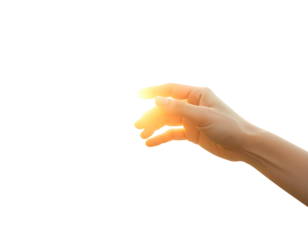 Right hand reaching out with slight golden glow on black background, fingers extended