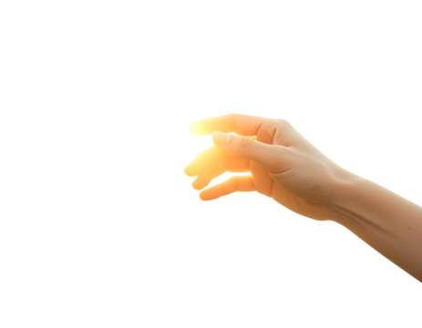 Right hand reaching out with slight golden glow on black background, fingers extended
