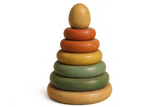 Wooden stacking rings toy for children, playing and learning geometry, colors, vintage pyramid shape