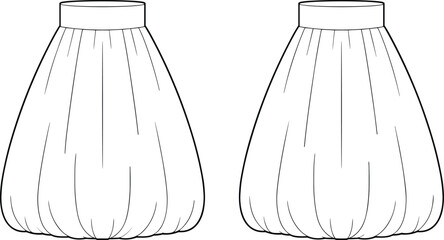Vector illustration of gathered balloon skirt silhouette with waistband and puffed hem for fashion design, sewing pattern, garment construction, and style concept