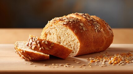 Freshly Baked Whole Grain Bread Loaf with Seeds on Wooden Board and Slices Displayed