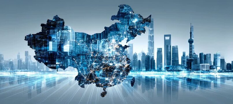 China map with modern city skyline background. Global wireless network concept. Generative AI technology.