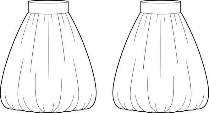 Vector illustration of gathered balloon skirt silhouette with waistband and puffed hem for fashion design, sewing pattern, garment construction, and style concept