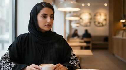 Elegant woman in hijab enjoys coffee at cafe with notebook and smartphone - Powered by Adobe