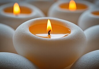 Glowing candles nestled among smooth, white pebbles