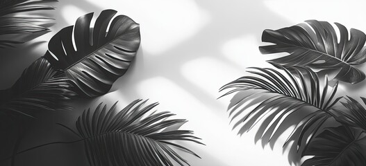 Tropical leaves & shadows on white backdrop in grayscale