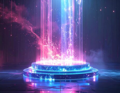 Futuristic 3d portal with glowing neon lights and particles effect