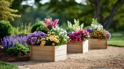 Vibrant Flowering Plants in Wooden Planters on a Garden Path with Lush Greenery in Background