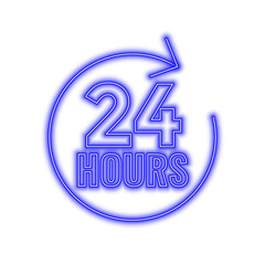 Bright blue neon sign displaying 24 hours with a circular arrow indicating continuous service against a transparent background.