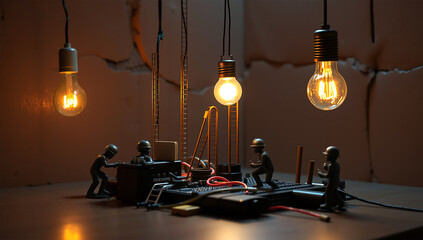 Miniature Engineers Building a Glowing Light Bulb – Symbol of Innovation and Creativity