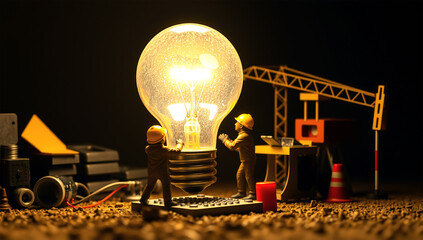 Miniature Engineers Building a Glowing Light Bulb – Symbol of Innovation and Creativity