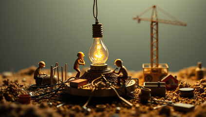 Miniature Engineers Building a Glowing Light Bulb – Symbol of Innovation and Creativity