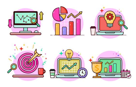 Collection of flat design icons illustrating business growth analytics data visualization and strategic planning concepts