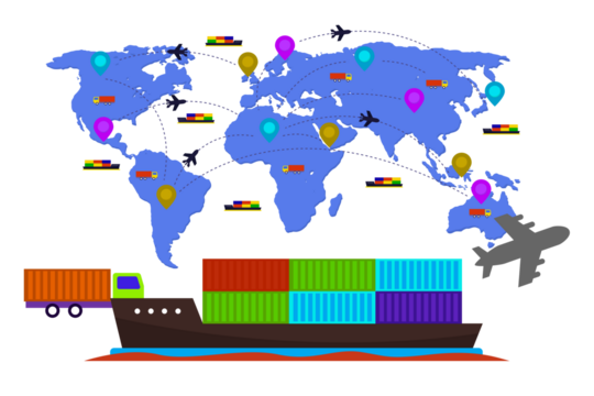 Global logistics and shipping network visualized with a world map cargo ship and container truck representing worldwide transportation and distribution