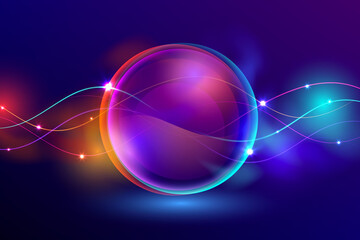 Abstract glowing orb with swirling light trails and bokeh effects on a dark blue background representing technology and energy
