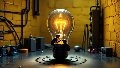 Miniature Engineers Building a Glowing Light Bulb – Symbol of Innovation and Creativity