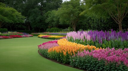 Vibrant Flower Garden with Colorful Blooms Creating a Serene Landscape in Springtime
